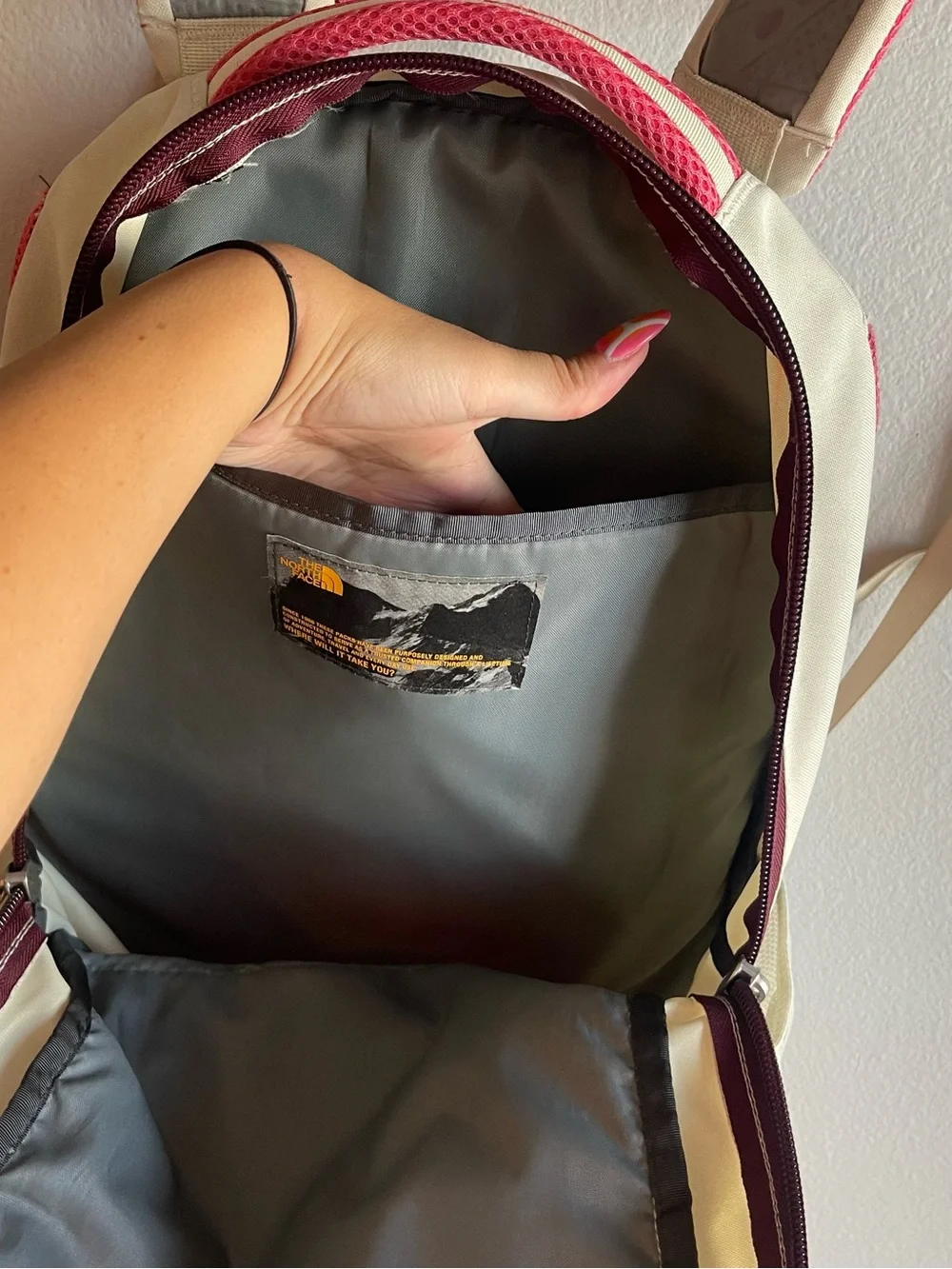 The North Face Cream and Pink Daypack Backpack